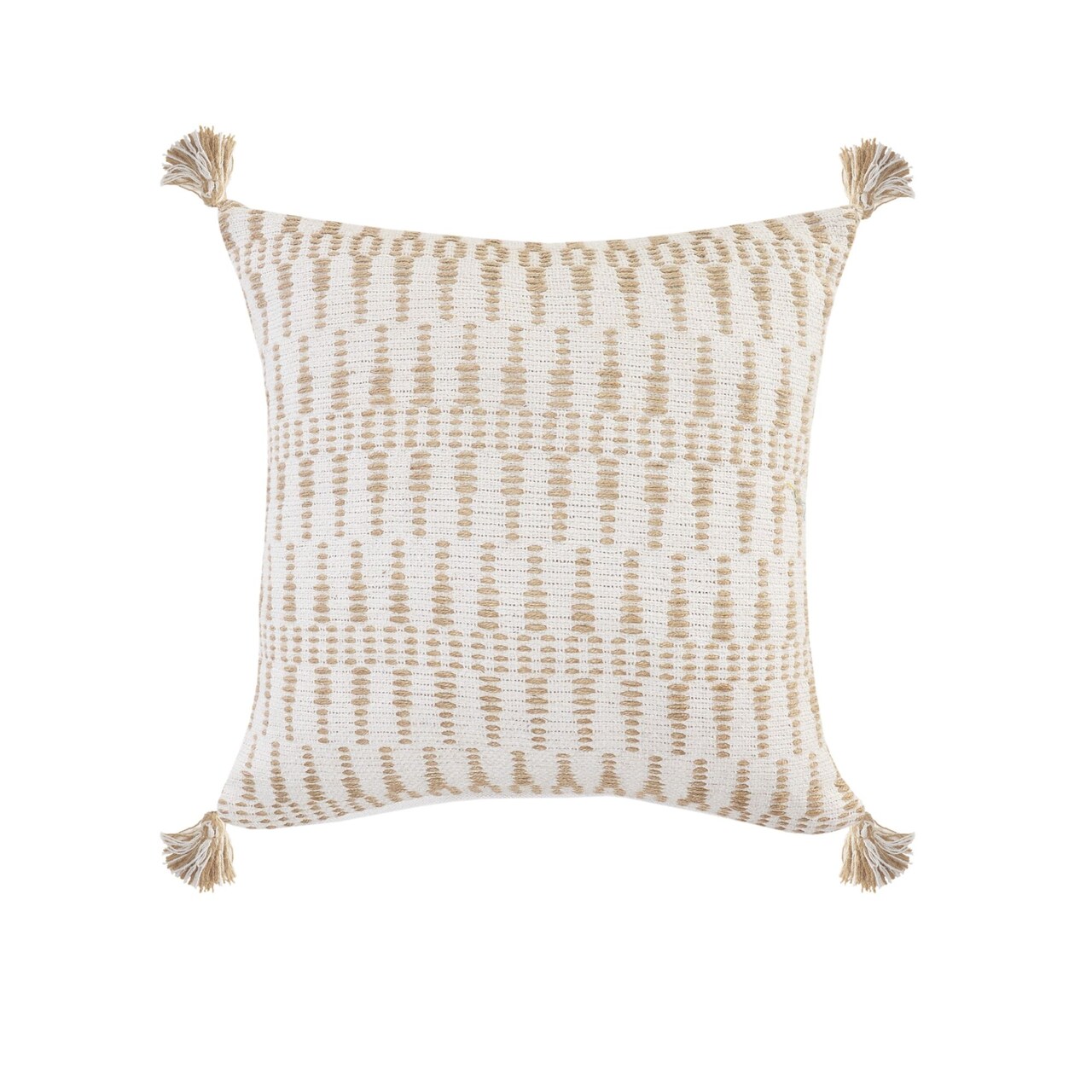 Laddha Home Designs 20" Ivory and Tan Geometric Tassel Square Throw Pillow